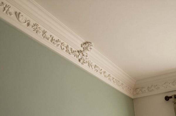 White plaster coving detail against sage green wall.