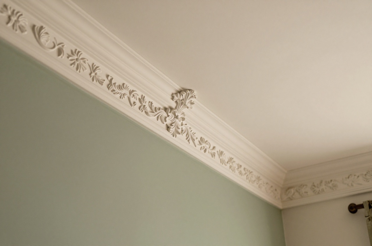 White plaster coving detail against sage green wall.