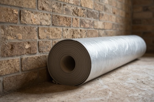 Rolled damp-proof membrane leaning against bare brick wall.