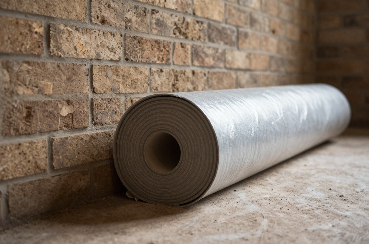 Rolled damp-proof membrane leaning against bare brick wall.