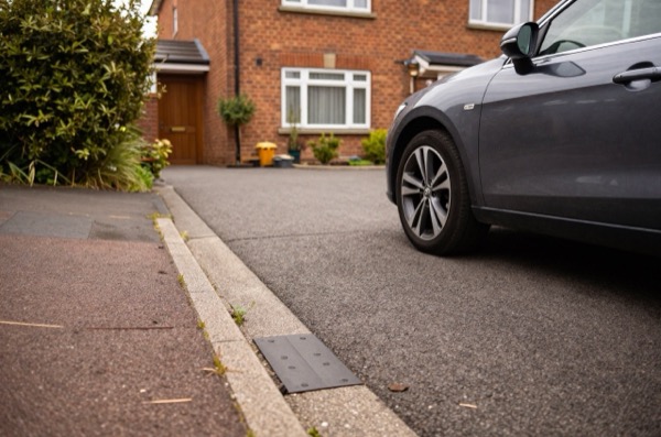 Residential driveway with a newly installed dropped kerb.