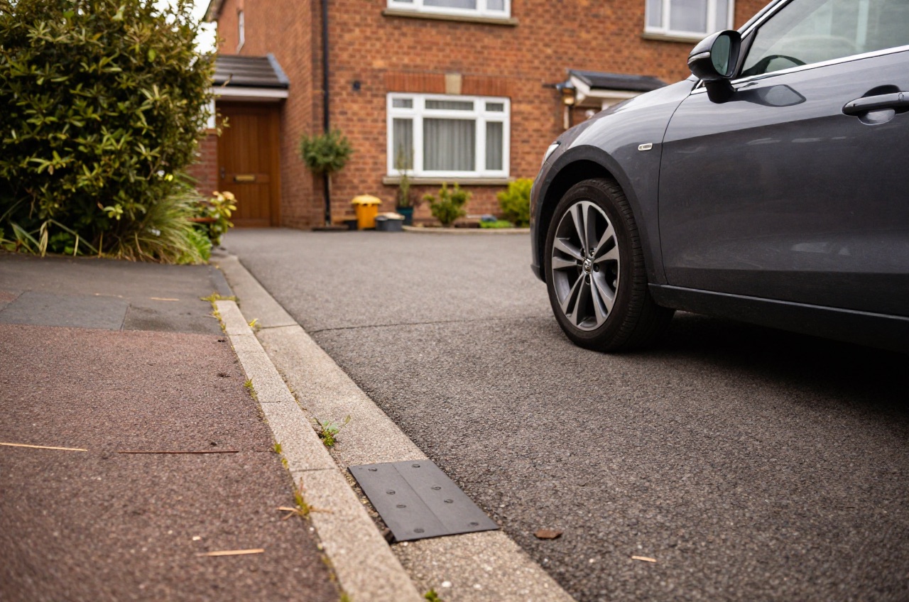 Residential driveway with a newly installed dropped kerb.