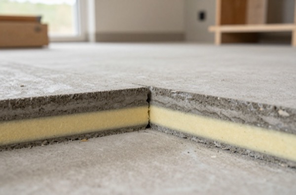 Cross-section of XPS and EPS insulation under a concrete slab.