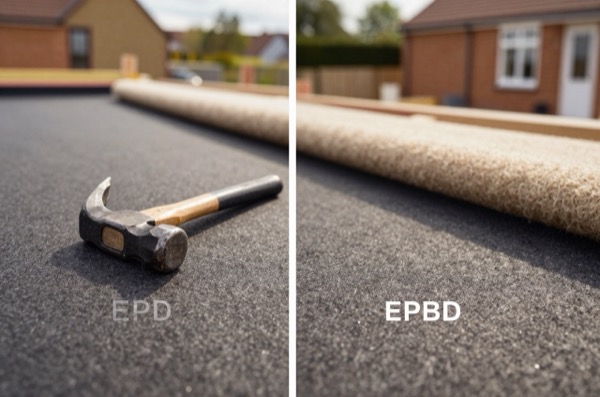 Comparison of EPDM and felt roofing materials during installation.