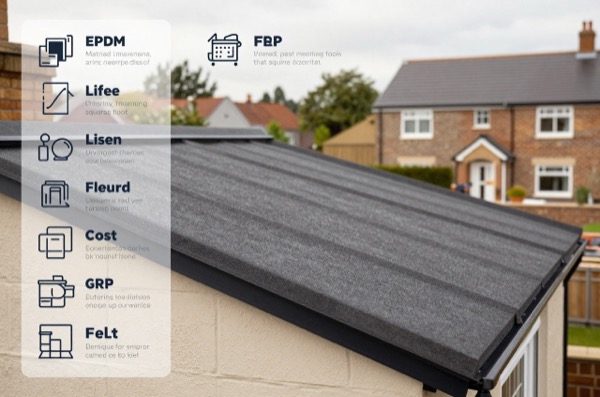 Infographic comparing various flat roof types, including EPDM, GRP, and felt.