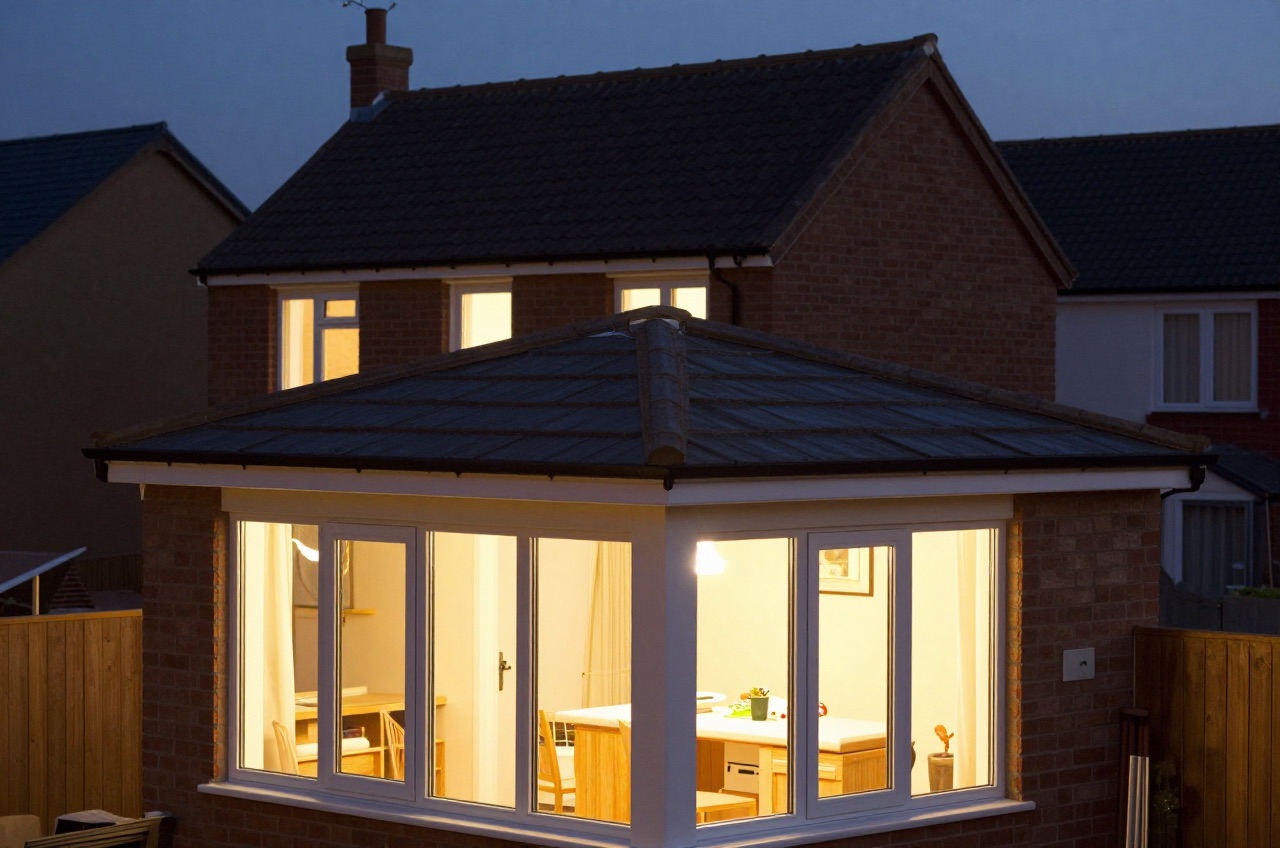 Nighttime comparison of flat and pitched roofs on UK homes, showcasing their design and lighting.