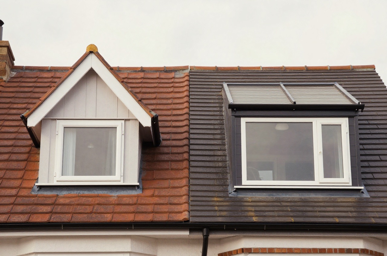 Comparison of a shed dormer and a flat-roof dormer on separate houses.