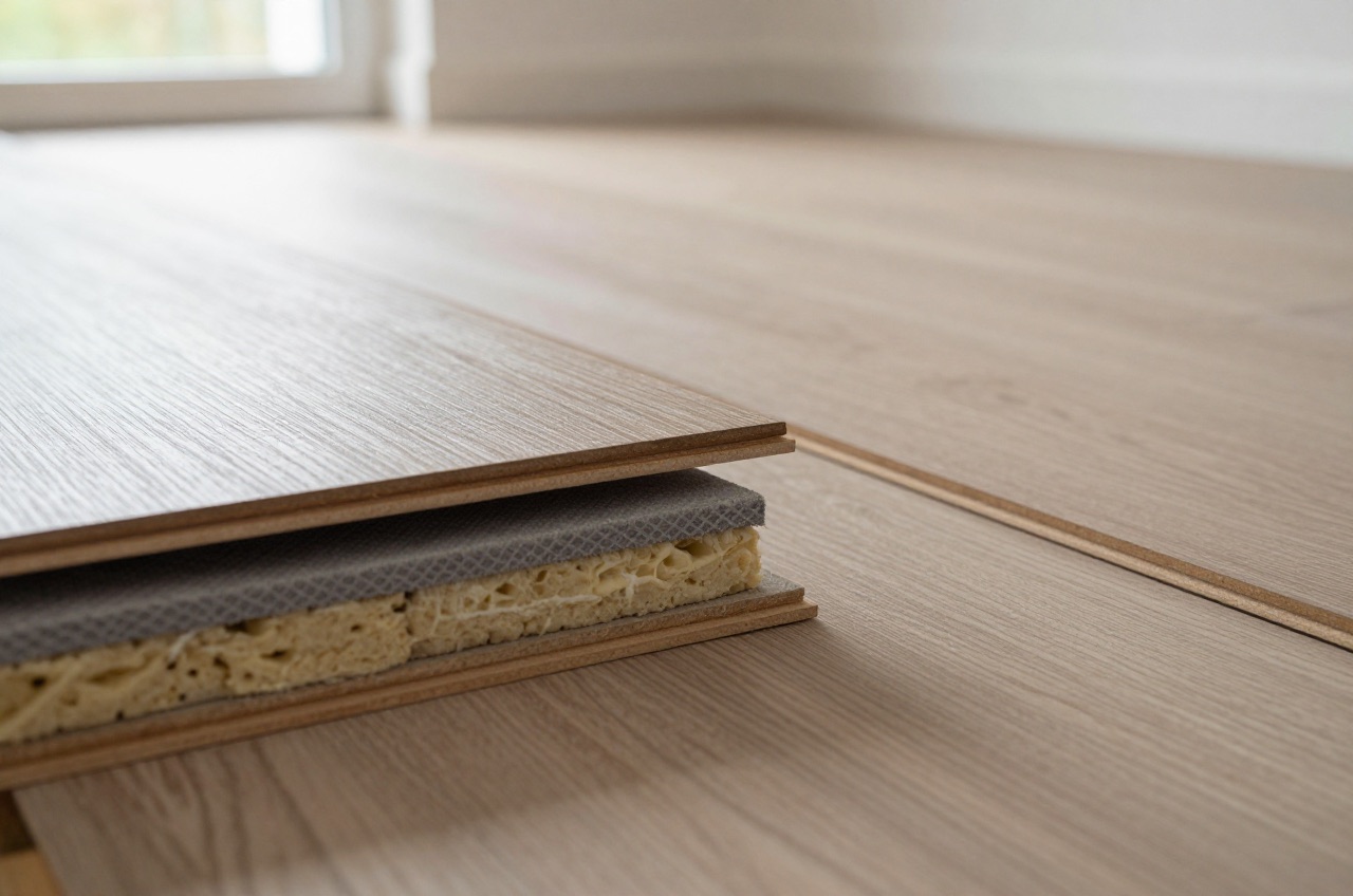 Layered floor construction with LVT flooring, heating mat, and insulation.
