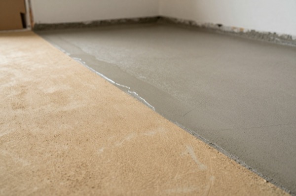 Finished floor comparison of sand-cement and liquid anhydrite screeds showcasing surface quality.