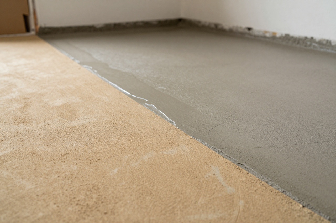 Finished floor comparison of sand-cement and liquid anhydrite screeds showcasing surface quality.