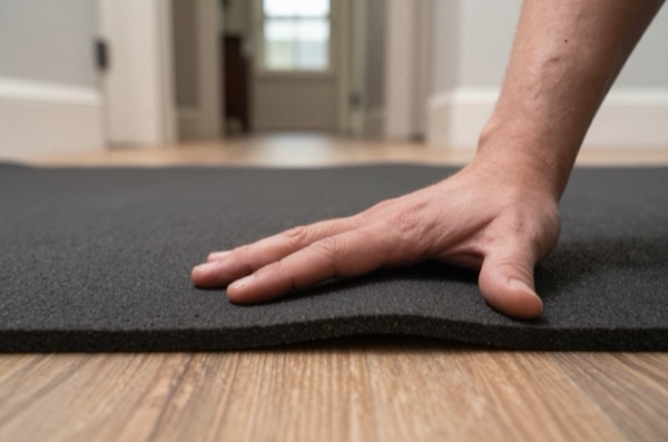Hand pressing thick rubber underlay pad in hallway.