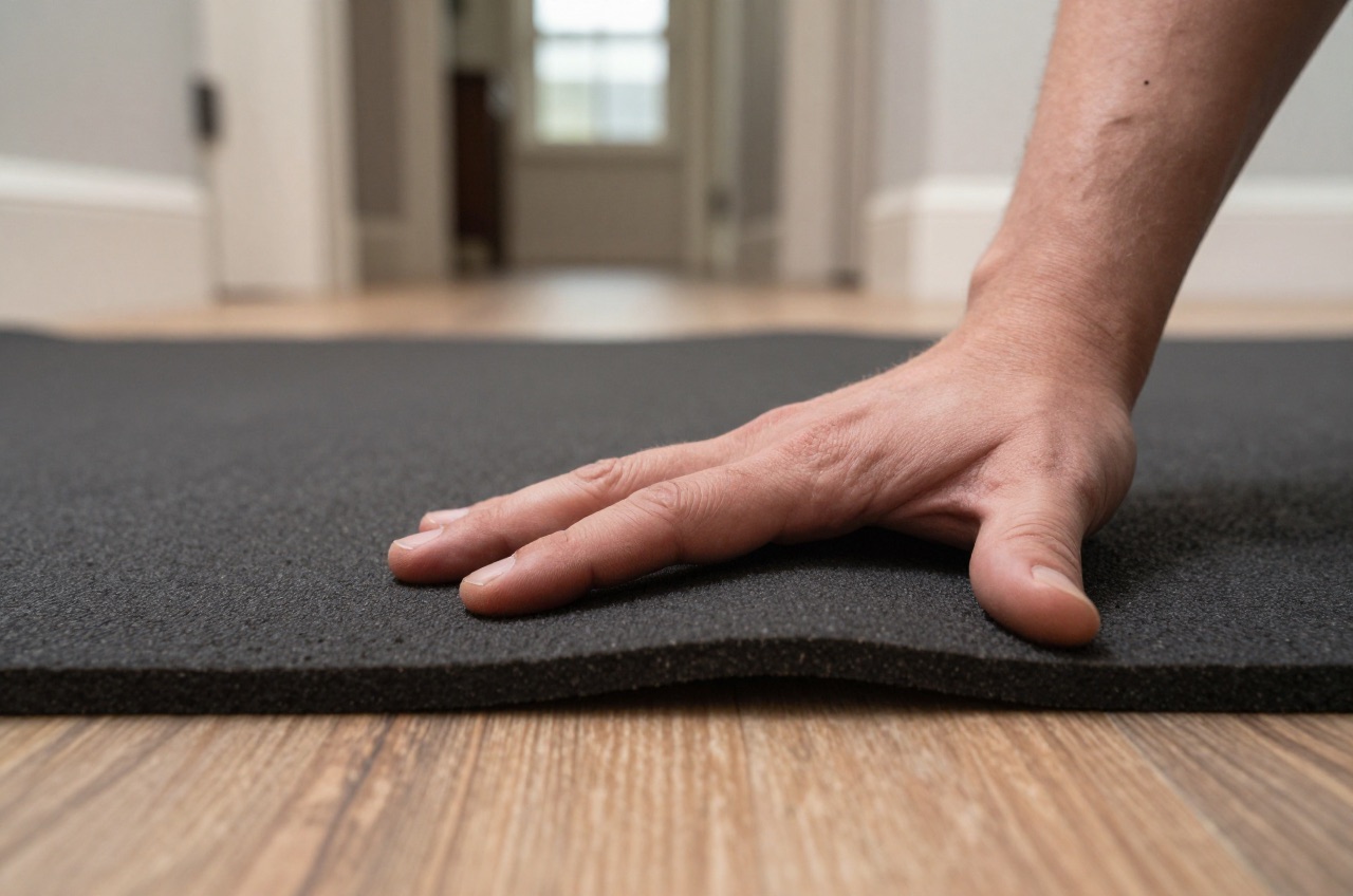 Hand pressing thick rubber underlay pad in hallway.