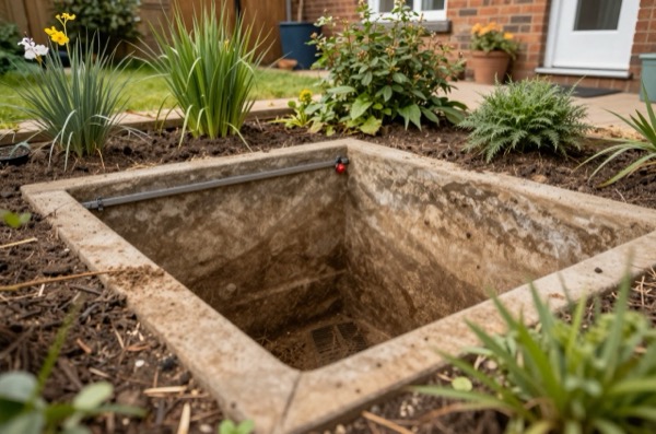 Excavated garden area with soakaway crates installed for drainage.