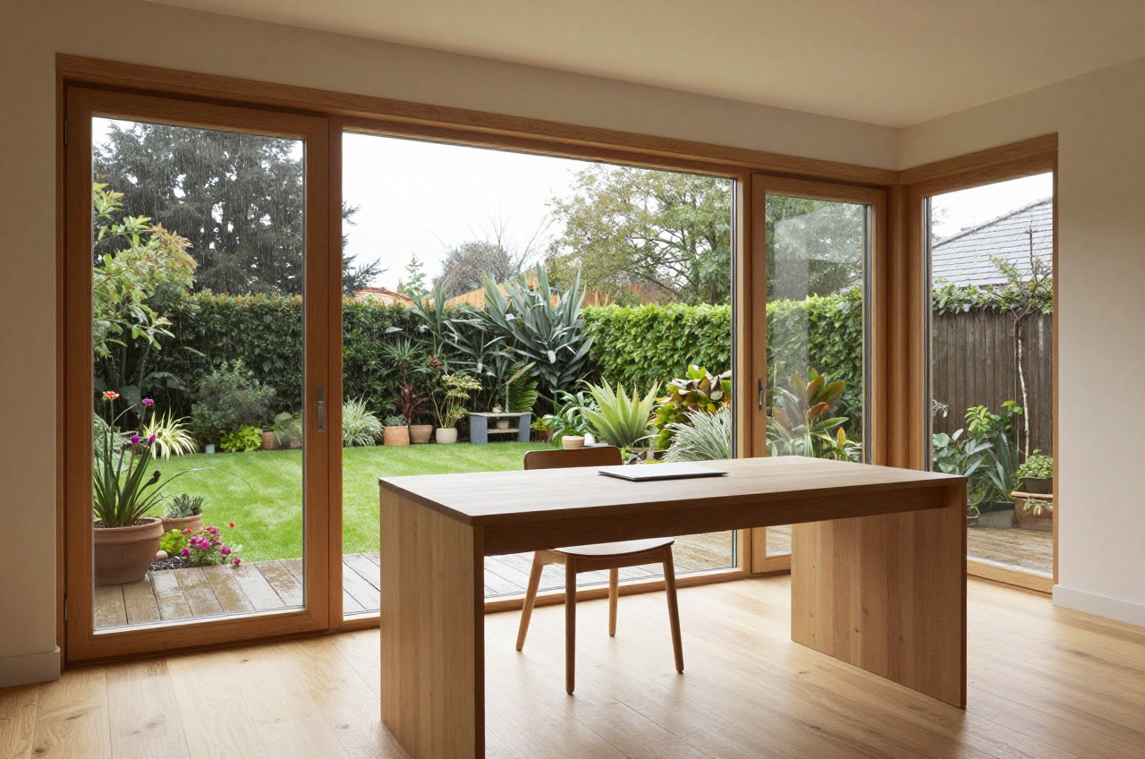 Modern garden office interior with view of UK garden.