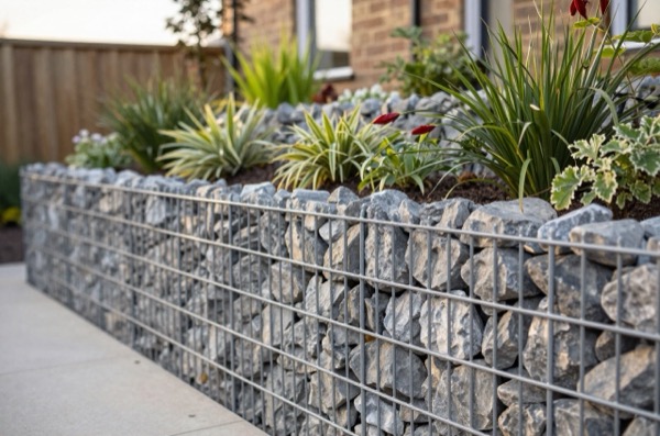 Modern gabion retaining wall supporting a tiered garden.