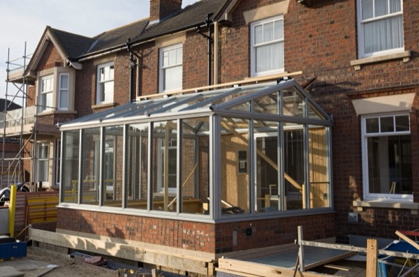Steel framework of an orangery under construction.