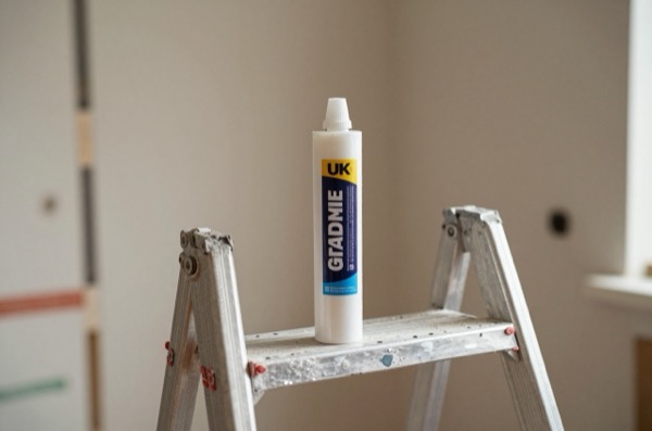 Grab adhesive tube on a ladder step in a partially renovated room.