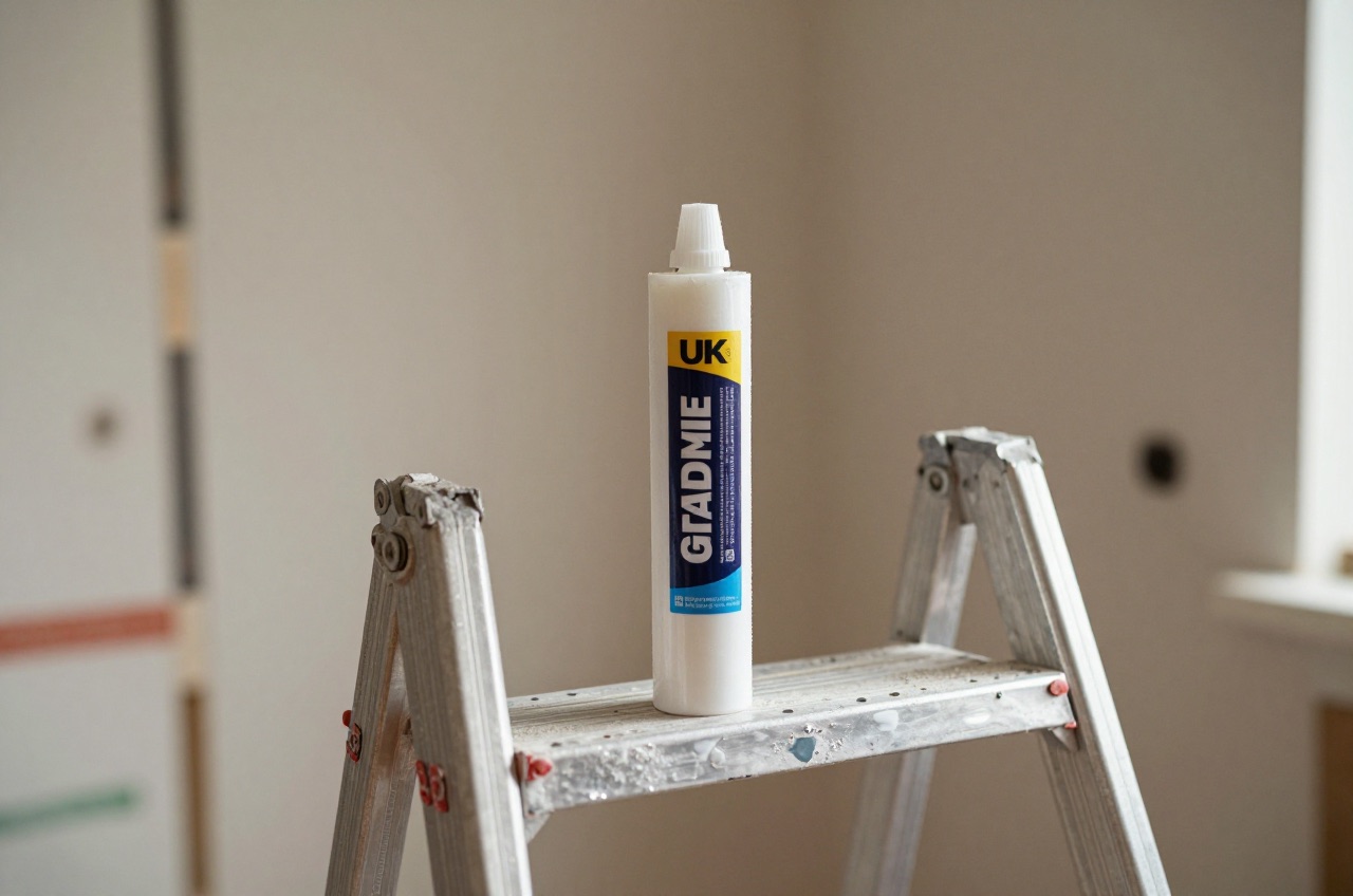 Grab adhesive tube on a ladder step in a partially renovated room.