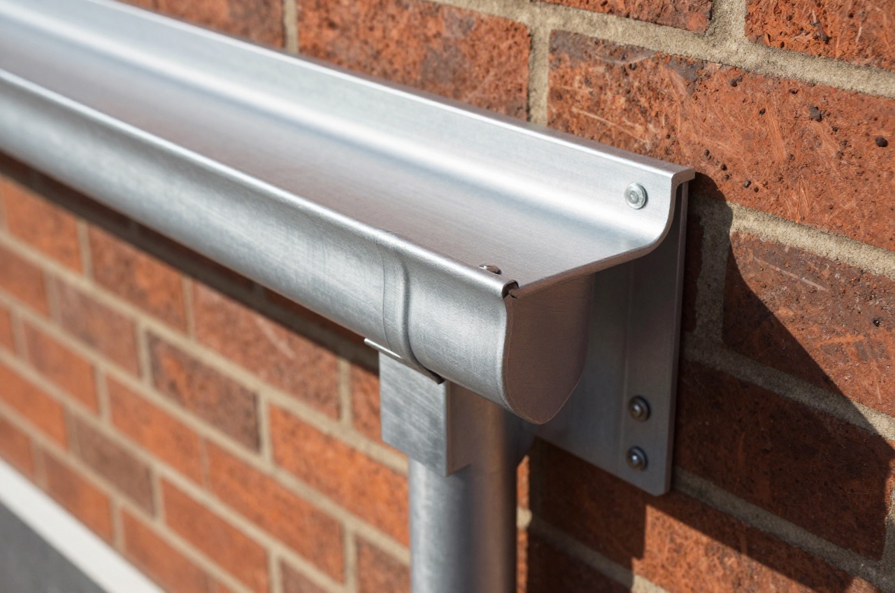 Aluminium gutter brackets on red brick wall