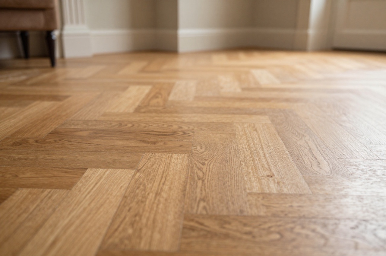 Close-up of oak herringbone parquet in a sunlit room.