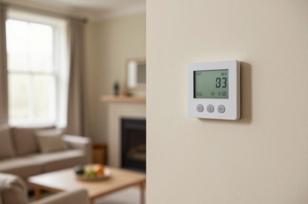 Living room thermostat on cream wall with fireplace