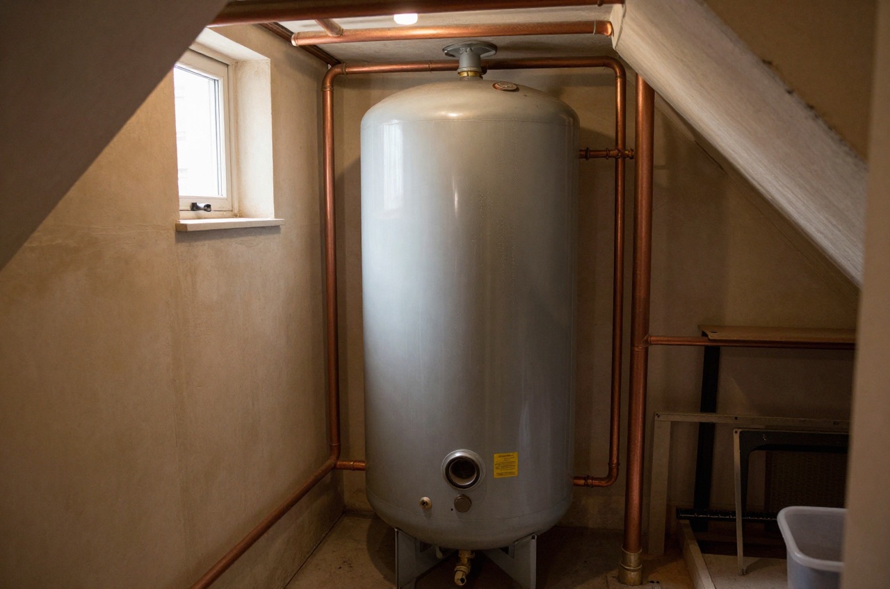 Vented hot water cylinder in a basement boiler room.