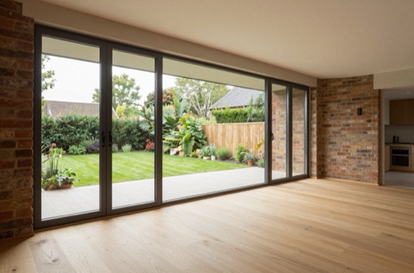 Modern rear extension with glass walls and continuous oak flooring.