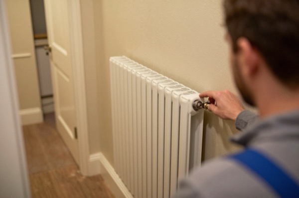 Over-shoulder view of radiator balancing in hallway