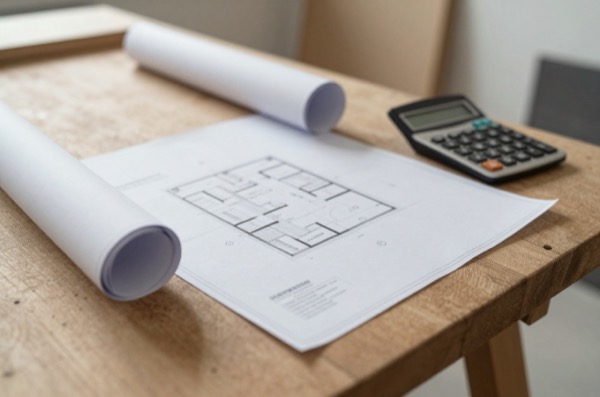 Overhead view of blueprints, contract, and calculator on a workbench.