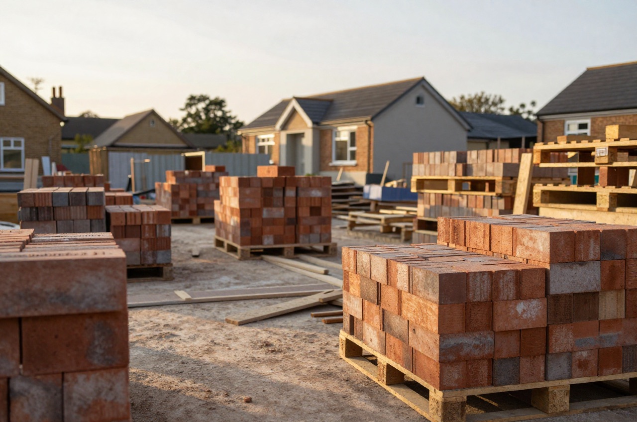 Stacked bricks and wooden pallets on a sunlit construction site.