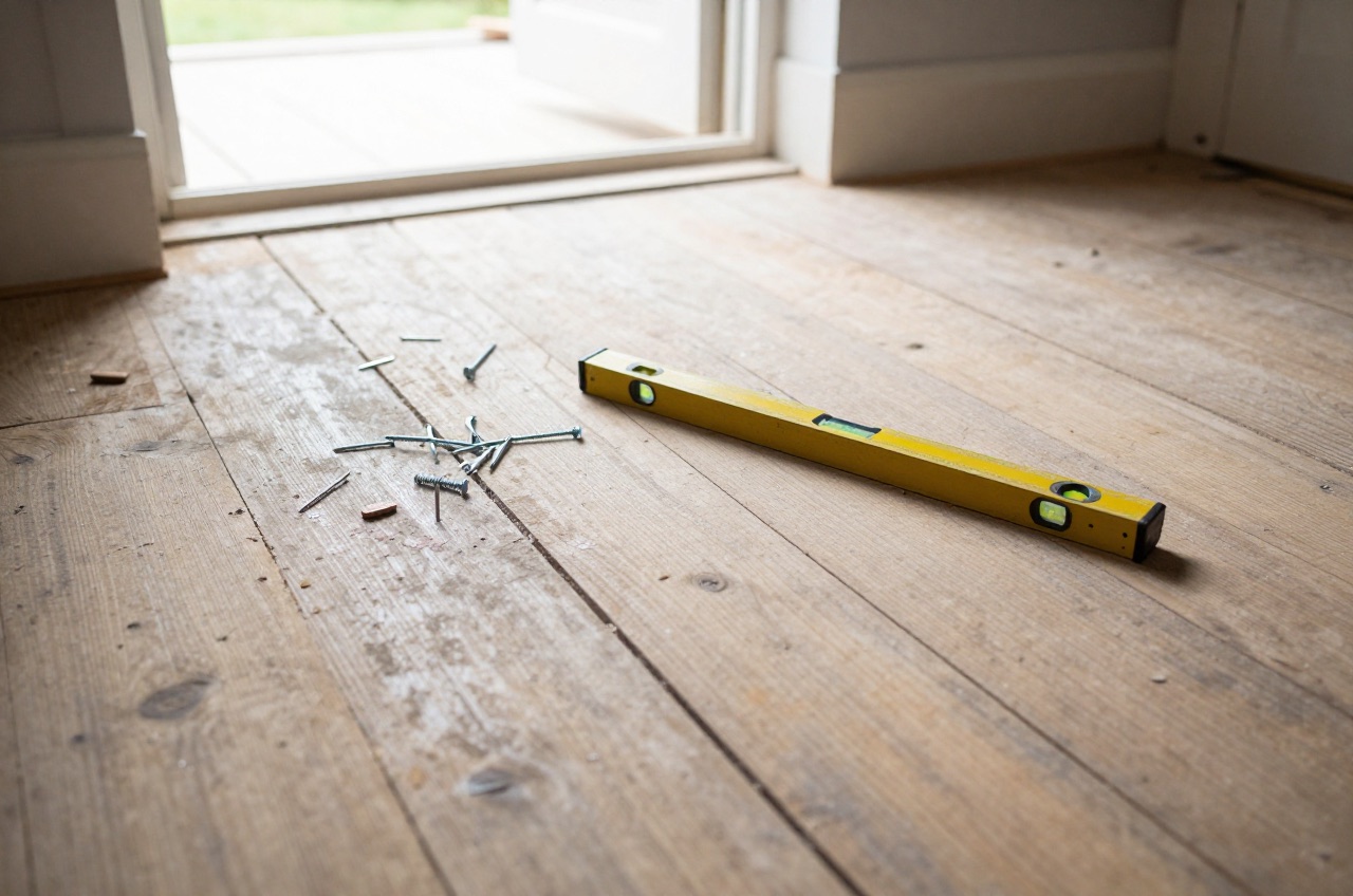 Overhead view of scattered construction hardware on a wooden floor.