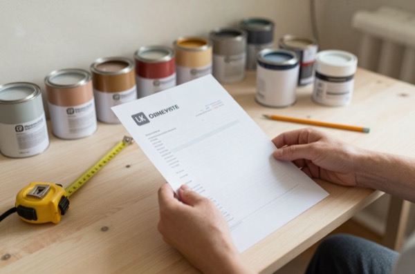 Hands holding invoice over workbench with paint tins.