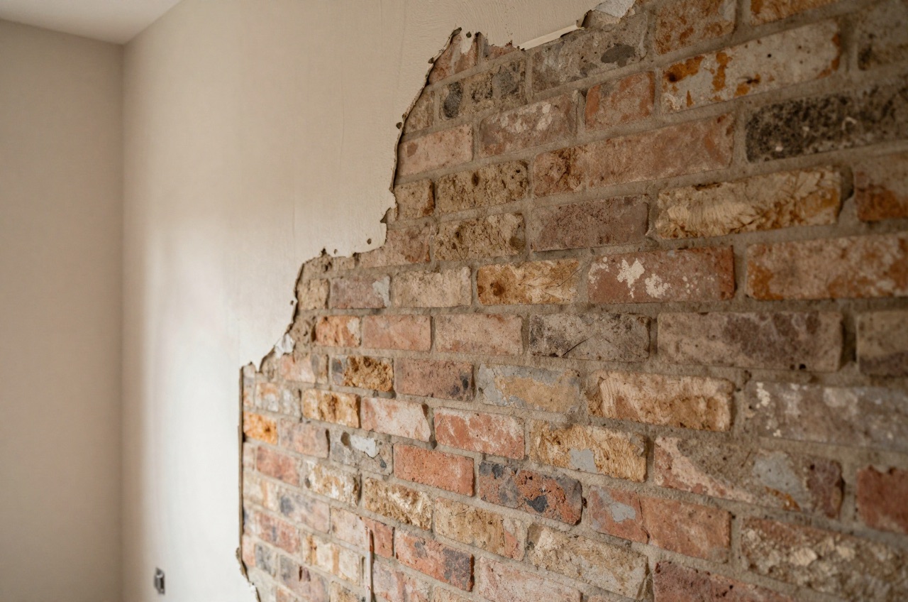 Exposed solid brickwork next to plasterboard partition.