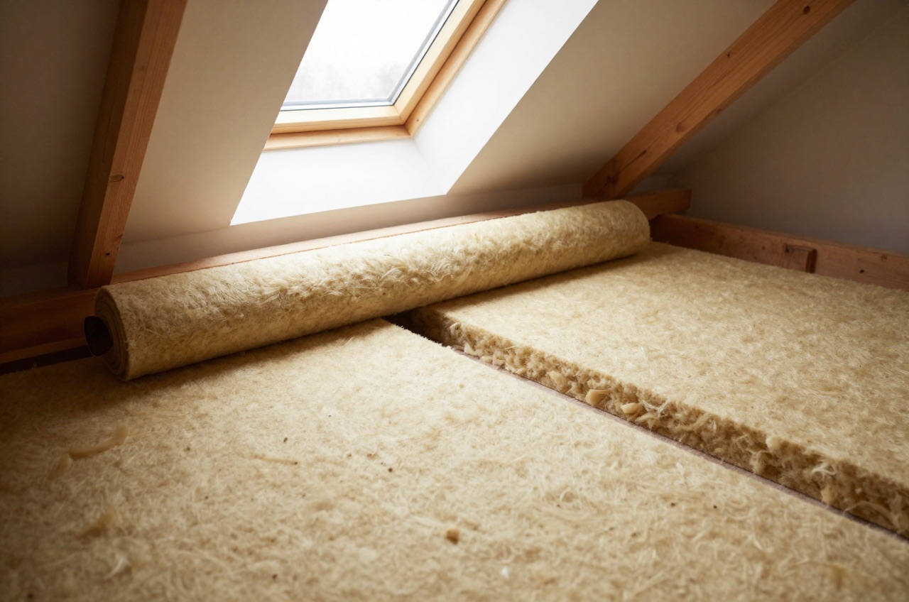 Loft insulation batts installed between wooden roof trusses.