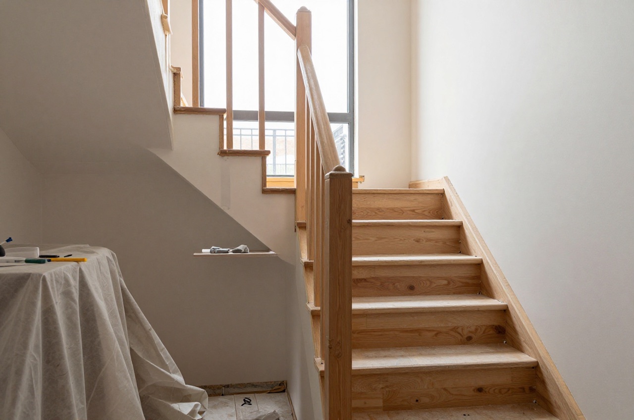Staircase under renovation with exposed treads and natural light.