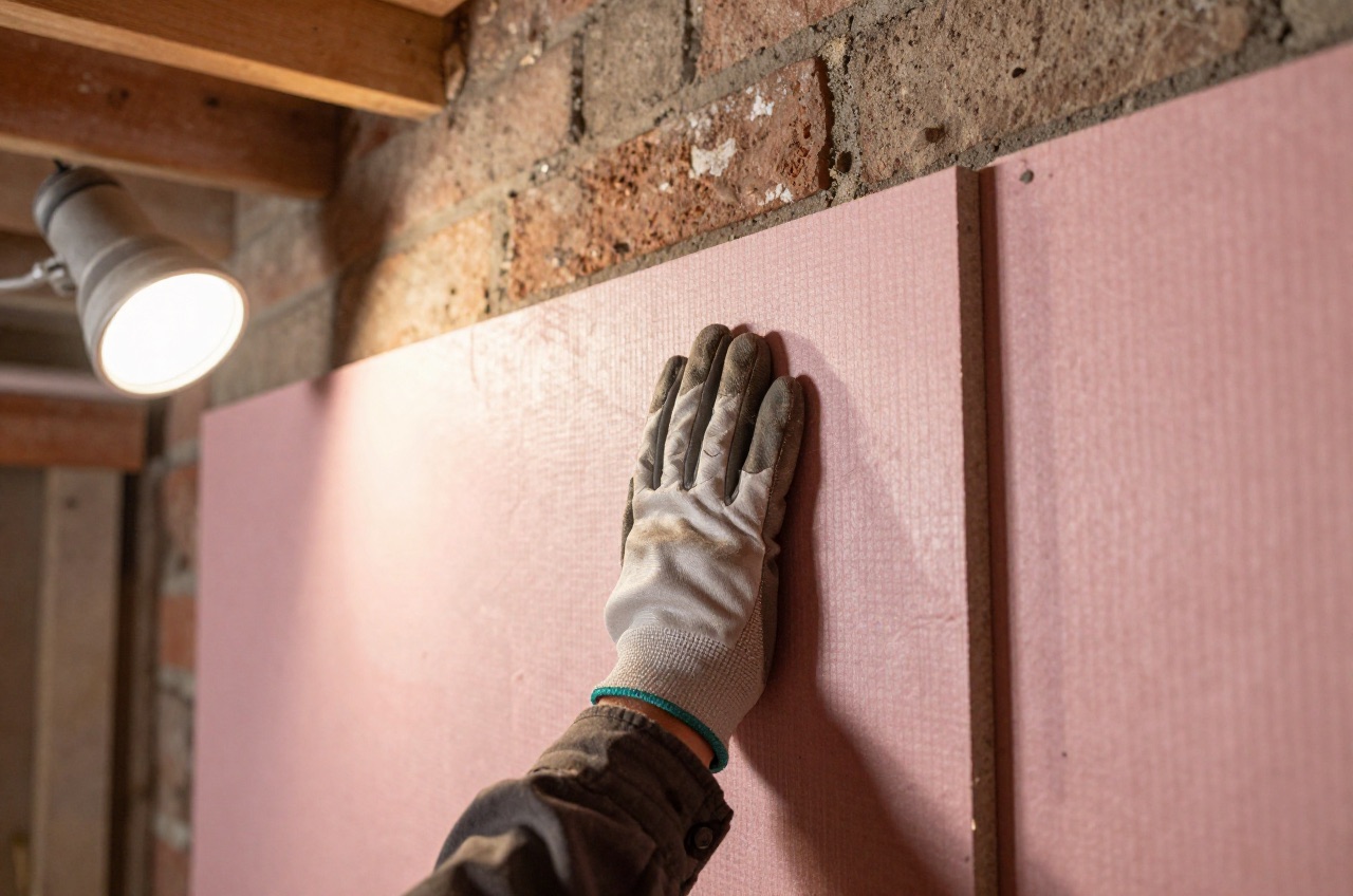 Hand installing pink PIR insulation board against brick wall
