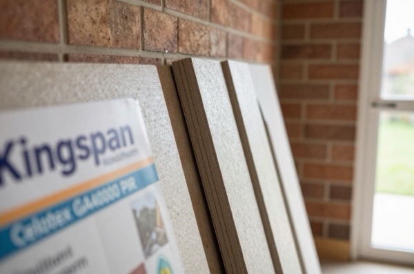 Stacked PIR insulation boards leaning against a brick wall.