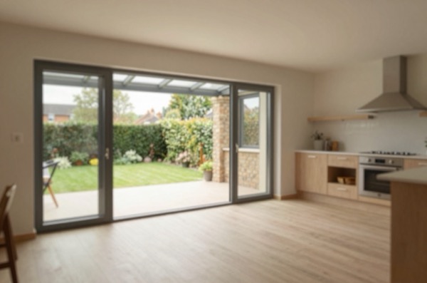 Open-plan kitchen extension with bi-fold doors and garden view.