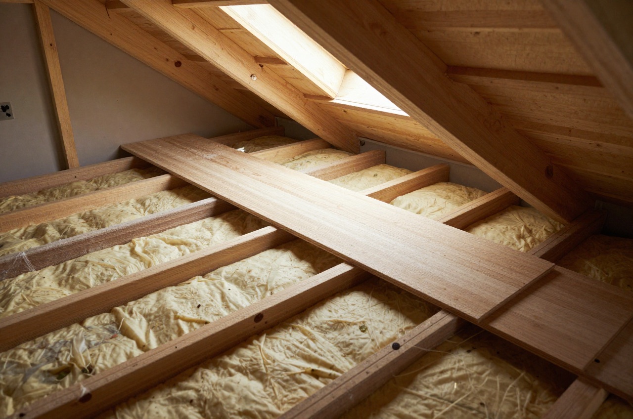 Loft space with insulation and joists during loft boarding installation.