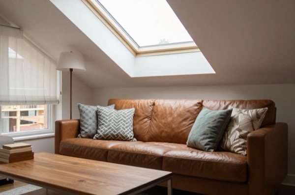 Living room with a skylight, sofa, and window with sheer blinds.