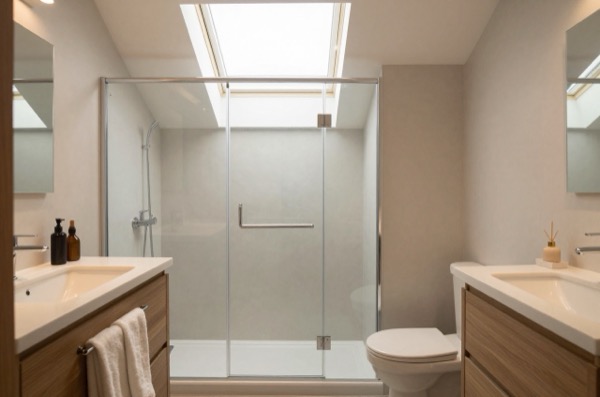 Modern bathroom with skylight, walk-in shower, double vanity, and toilet.