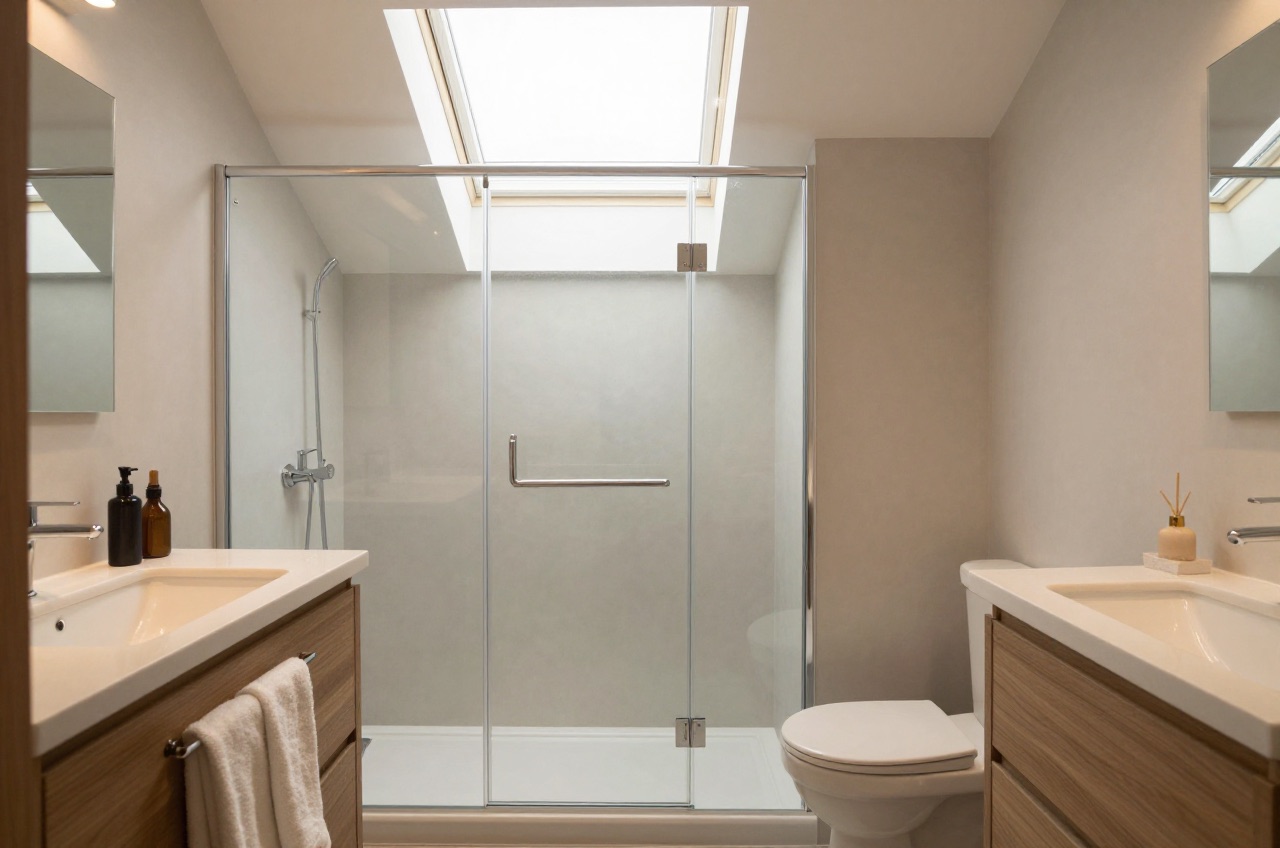 Modern bathroom with skylight, walk-in shower, double vanity, and toilet.