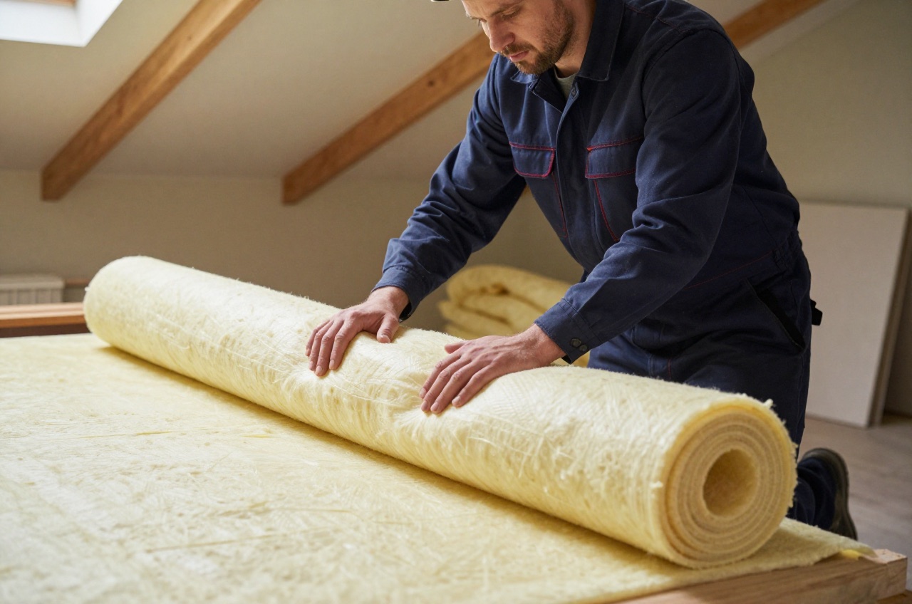 Installer placing loft insulation rolls in an attic.
