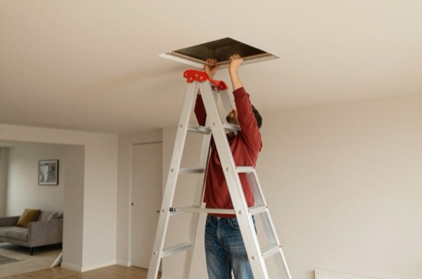 Person installing a loft ladder with red safety rails into a ceiling hatch.