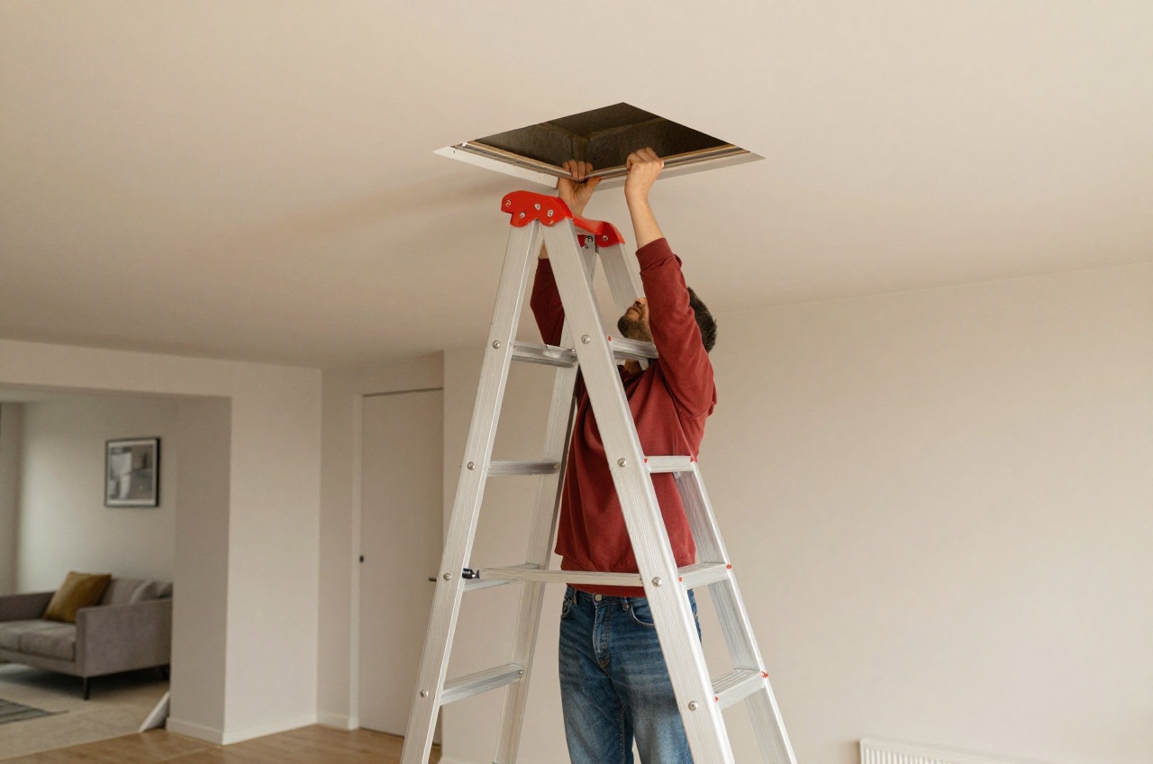 Person installing a loft ladder with red safety rails into a ceiling hatch.