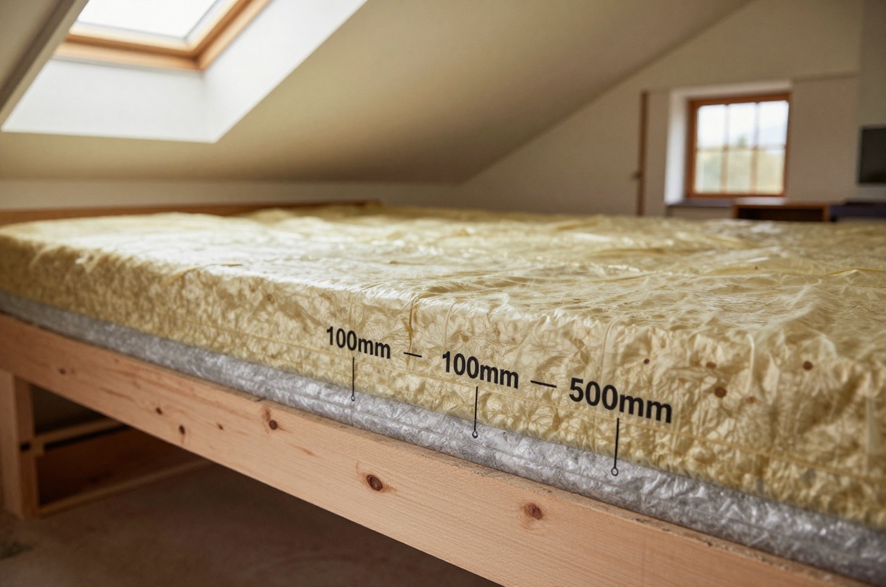 Cross-sectional view of loft insulation layers demonstrating depth and energy savings.