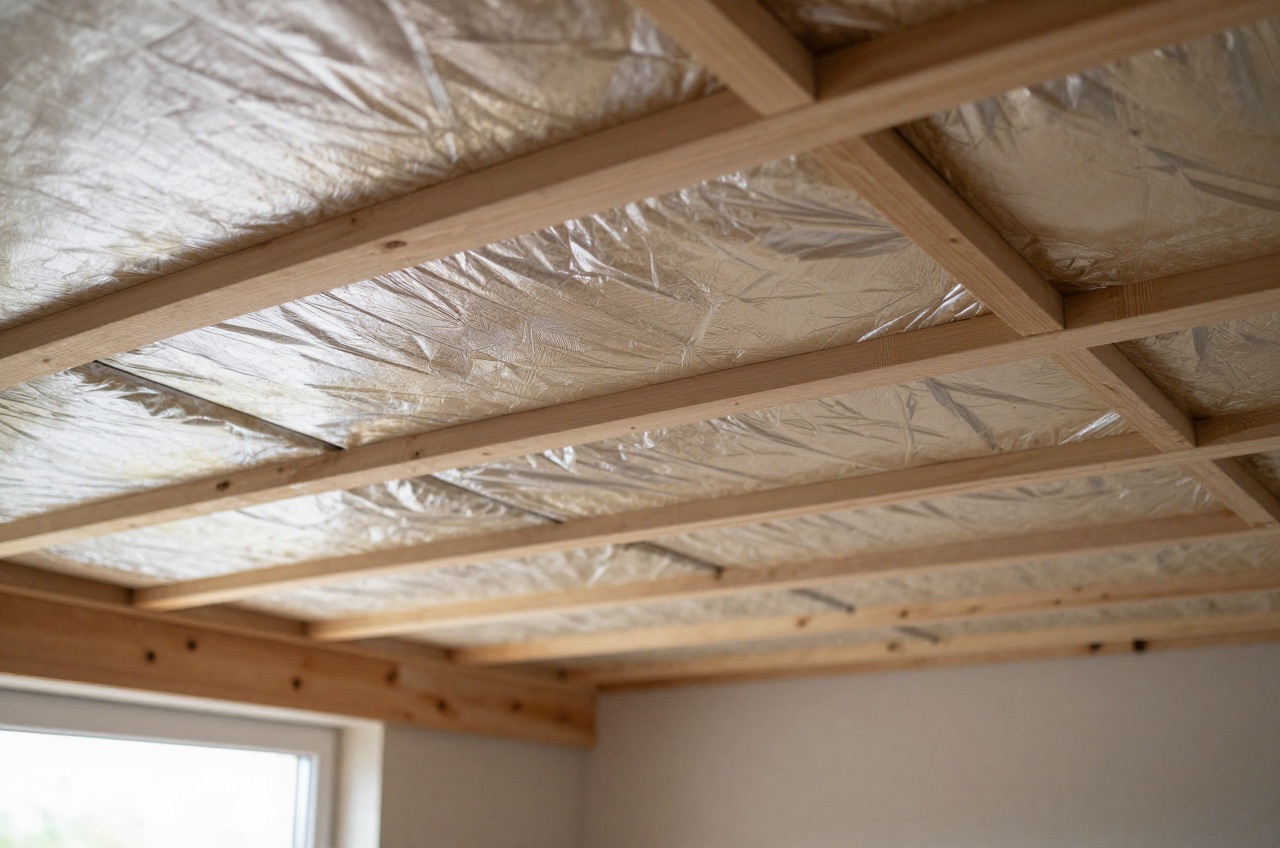 Multifoil insulation installed on the ceiling of a room under construction.