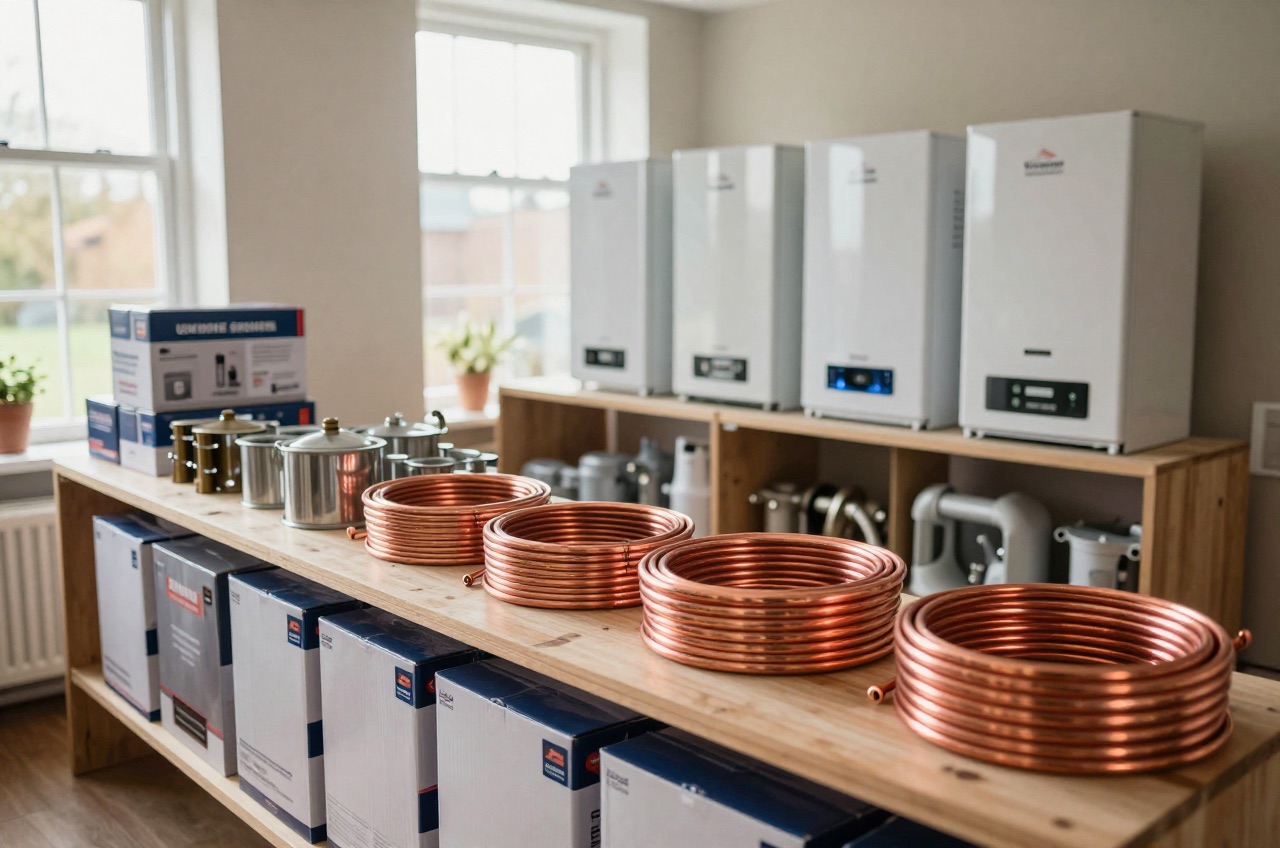 Tidy UK plumbing merchant counter with boiler parts and copper coils.