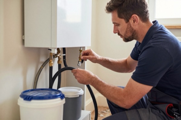 Technician working on a heating system indoors with containers and pipes.