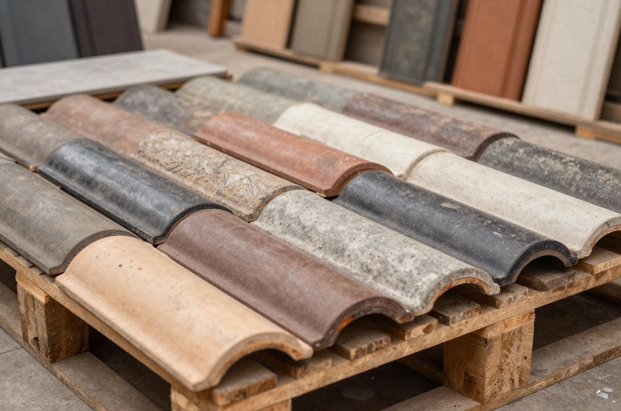 Reclaimed roof tiles with varied textures and colours arranged on wooden pallets.